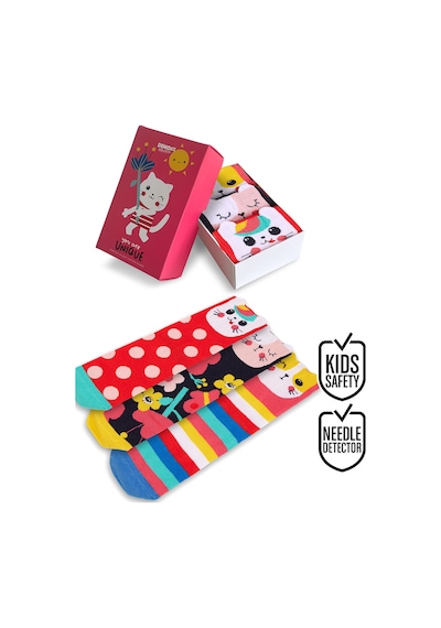 Denokids Renkli Kediler Kız Çocuk 3'lü Kutulu Çorap Renkli
