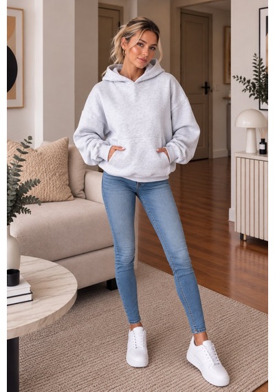 Lima Gri Kadın Kapüşonlu Oversize Sweatshirt Kanguru Cepli Düz Renk Uzun Kollu Sweat