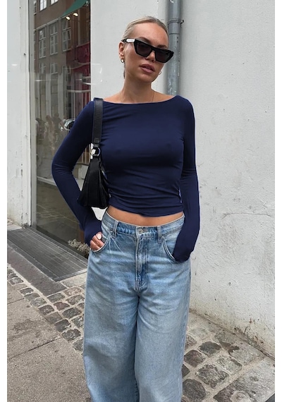 Madmext Lacivert Kayık Yaka Basic Kadın Body Mg1997-lacivert Lacivert