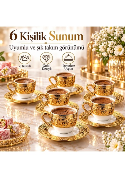 Valkyrie Harem Serisi 6 Kişilik 12 Parça Kahve Fincan Takımı Gold Detaylı Şık Fincan Seti Beyaz Altın