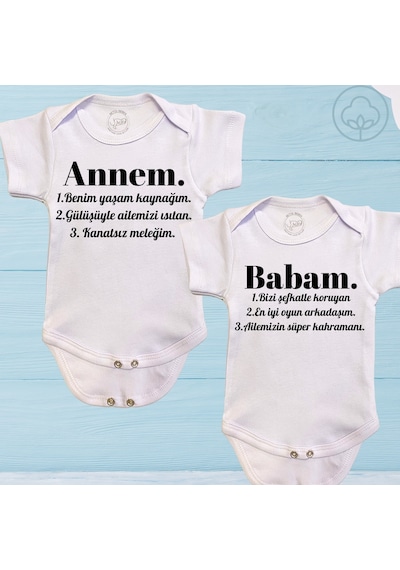 Harmandar Unisex Bebek Annem Ve Babam Yazılı %100 Organik Pamuk Kısa Kollu Bebek 2li Body Zıbın Beyaz
