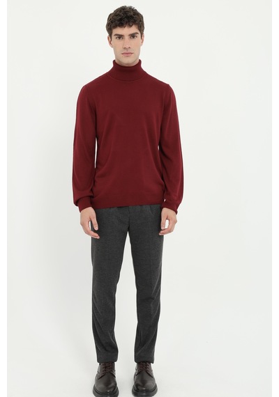Dufy Erkek Slim Fit Yarım Balıkçı Yaka Bordo Triko-18508
