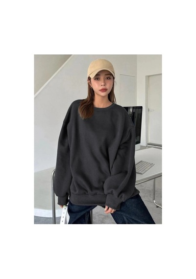 Kadın Düz Bisiklet Yaka 3 İplik Sweatshirt - Siyah