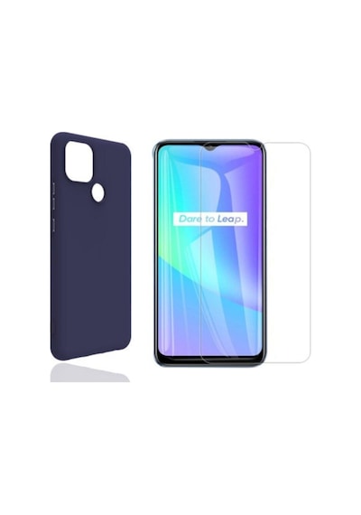 Oppo Realme C25 Yumuşak Soft Silikon Telefon Kılıfı Ve Temperli Cam Ekran Koruyucu Seti Col179605-lacivert