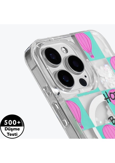 Apple iPhone 16 Pro Max Kılıf Magsafe Uyumlu Parlak Kumlu Sıvılı Youngkit Pink Dream Quicksand Turkuaz