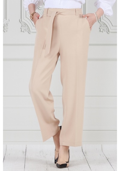 Sevitli Beli Bağlamalı Bol Paça Pantolon-bej-3667-bej Bej