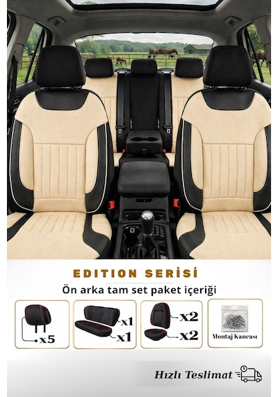 Edition Serisi Tay Tüyü Kumaş Universal Oto Koltuk Kılıfı Tam Set Bej
