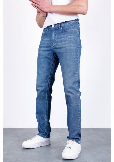 HLT Jeans Erkek Şerit Detaylı Mavi Regular Fit Boru Paça Esnek Likralı Jeans Kot Pantolon Hlthe001964 Beyaz - Mavi