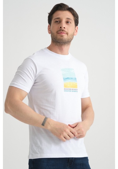 Shooter Sportwear Shooter Erkek T-shirt %100 Pamuk Minimalist Tasarım Regular Kalıp Baskılı Beyaz