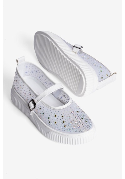 Mubiano Kadın Taşlı Sneaker Babet Bantlı Günlük Şık Novira Beyaz