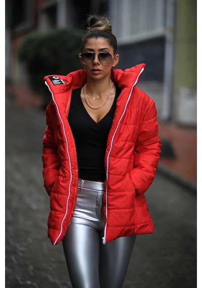Keyifli Moda Kadın Kırmızı Dik Yaka Uzun Şişme Mont