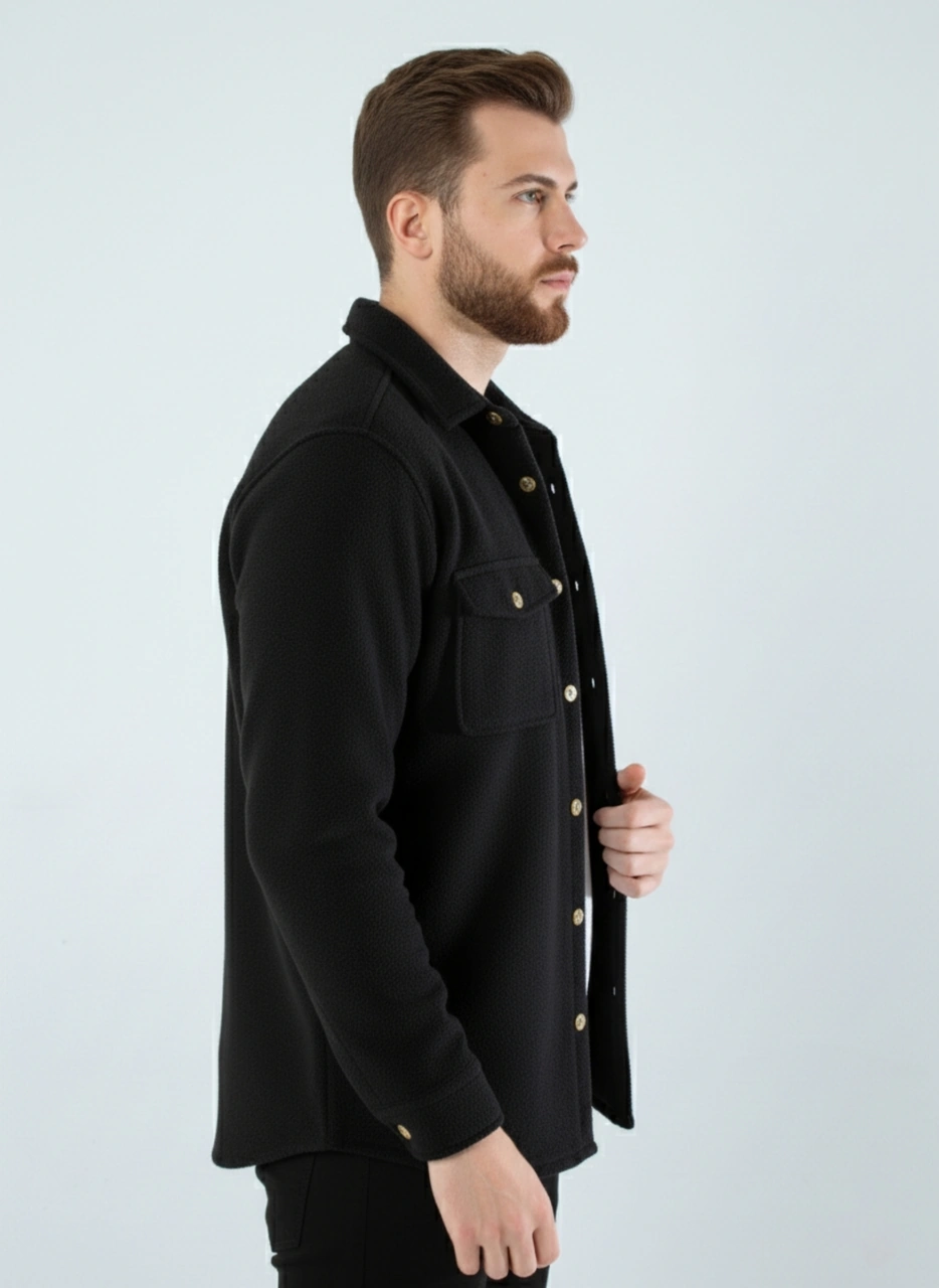 Yxc Trend Maker Erkek Slim Fit Düğmeli Yaka Çift Cepli Düz Siyah Polar Erkek Gömlek Siyah