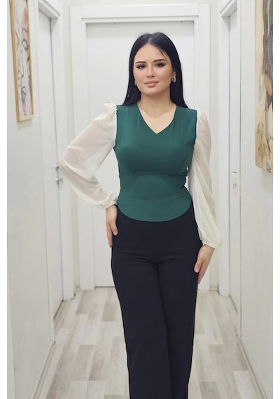 Lodmela Şık V Yaka Crop Üst 6010-yeşil Yeşil