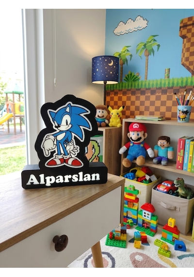 Kişiye Özel İsimli Sonic Led Gece Lambası Usb Çocuk Odası Mavi-siyah
