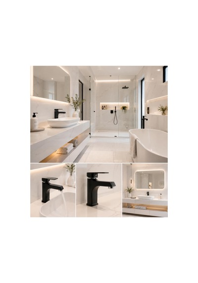 Rena Design Lavabo Bataryasi Mat Siyah Lüks Ağir Gövde Prinç Banyo Su Tasarruflu Aç Kapa 2 Yil Garantili Kare Sicak Soğuk