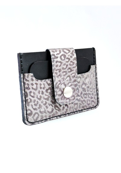 Luna Luster Gümüş Leopar Desenli Kadın Çıtçıtlı Deri Kartlık Siyah - Beyaz - Leopar