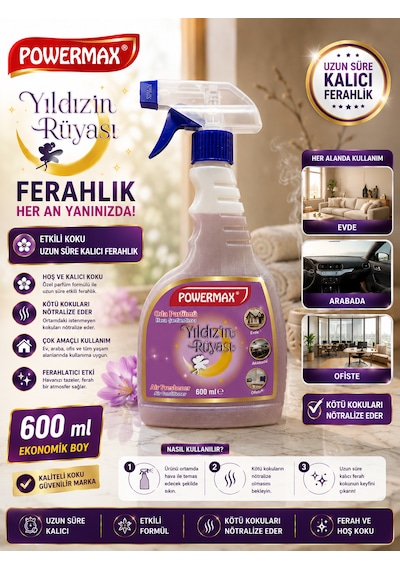 Powermax Yıldızın Rüyası Oda Parfümü 600 Ml X3 Set Ortam Kokusu Uzun Süre Kalıcı Ferahlık Diğer