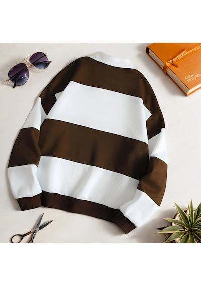 Fifty Color Unisex Kahve Rengi Polo Yaka Kışlık Sweatshirt İçi Polarlı Kahverengi - Beyaz