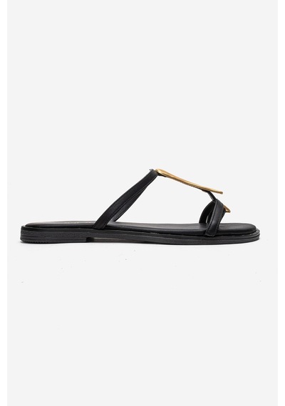 Luvishoes Tessa Siyah Hakiki Deri Gold Tokalı Kadın Parmak Arası Terlik