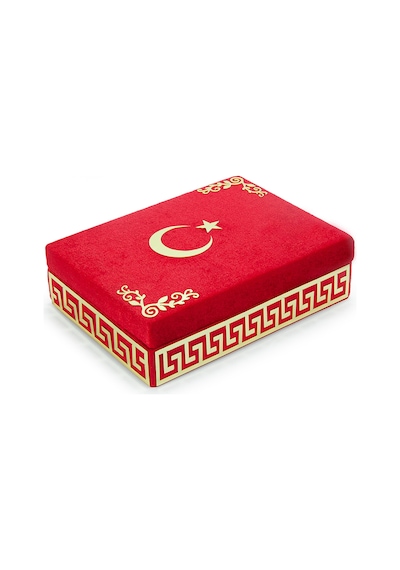 Türk Bayraklı Kuranı Kerim Hediyelik Set Pleksi Süslemeli Kadife Kutu, Bayrak Ve Tesbih
