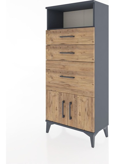Hyperion Dolap Tek Raflı 3 Çekmeceli 2 Kapaklı 60x44x134 Antrasit-çam Antrasit