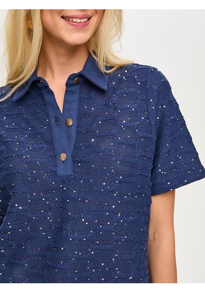 Faik Sönmez Polo Yaka Payetli Örme Bluz S26blz015 Us26blz01520 Lacivert