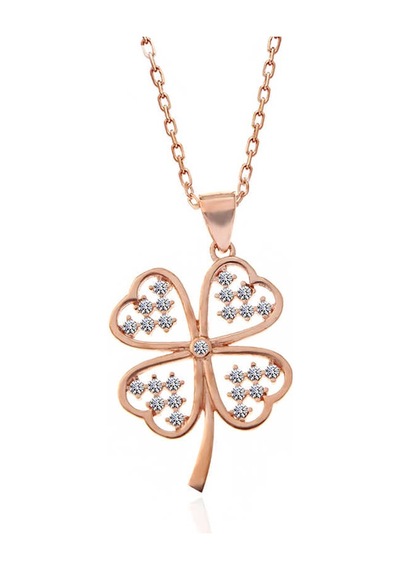 925 Ayar Gümüş Rose Kalpli Dört Yapraklı Yonca Kadın Kolye Rose Gold