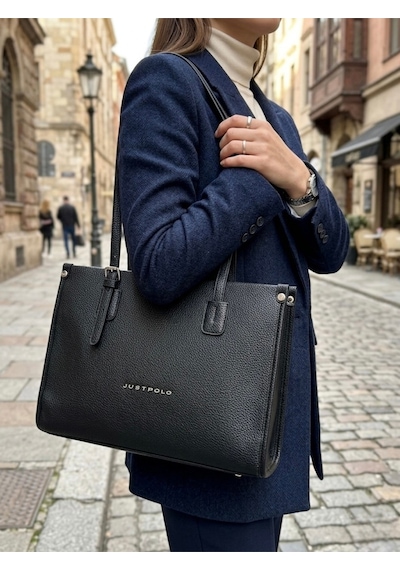 Just Polo Kadın Yeni Sezon Yumuşak Deri Büyük Boy Fermuarlı Lüks Tasarım El Çantası Shopper Siyah