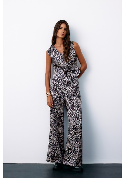Sateen Leopar Desenli Saten Pantolon - Gri-135185 Gri