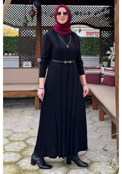 Rabia Şamlı Biricik Kemerli Triko Elbise Siyah Normal