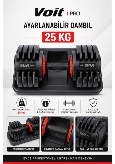 Voıt Pro Ayarlanabilir Dambıl 25kg Siyah