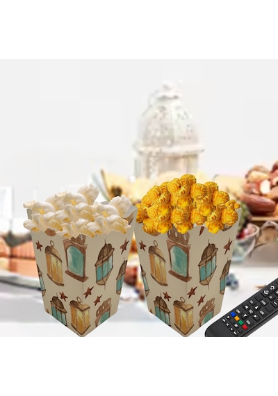 12li Ramazan Temalı Patlamış Mısır, Şeker Kutusu, Hediye Popcorn, İkram Kutusu, 6x6x11 Cm, Krem Renk Krem