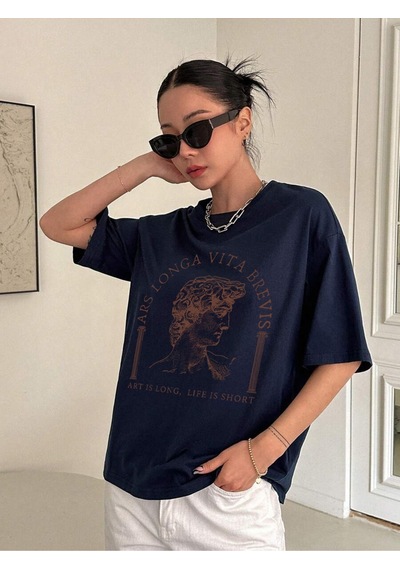 Uyguntarz Unisex Ars Longa Vita Brevis Baskılı Tasarım Tshirt Lacivert