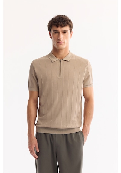 Avva Erkek Vizon Polo Yaka Fermuarlı Rayon Tüylenmeyen Çizgili Triko Regular Fit T-shirt A52y5010