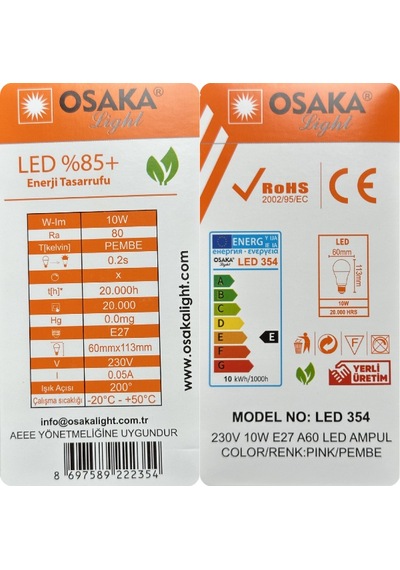 1 Adet Osaka 10w Pembe Işık E27 Duylu Kalın Duy Led Ampul