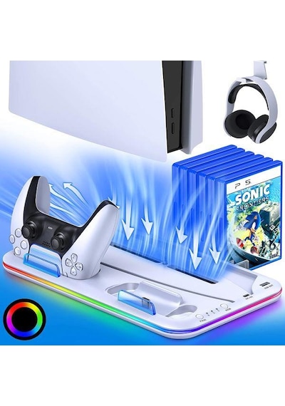 Playstation 5 Standart Fat Kasa Fanlı - Rgbli - Oyun Raflı - Şarjlı Stand - Beyaz