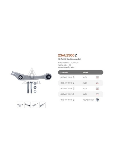 Asmetal 23au2500 Salıncak Alüminyum Cıvatalı Ön Sol A4 8k0407152b