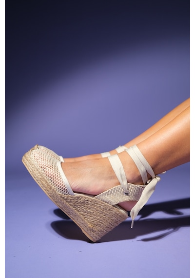 Luvishoes Luvi Shoes Lıons Bej Fileli Deri Kadın Bilekten Bağlamalı Dolgu Topuk Sandalet Bej