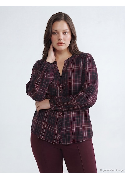 Lcw Everyday Bordo Kaçık Yaka Ekose Oversize Bluz