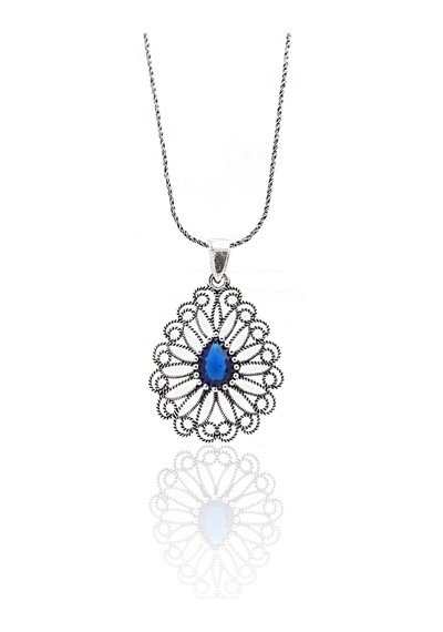 Safir Taşlı Damla Model Kadın 925 Ayar Gümüş Telkari Üçlü Set 201023144