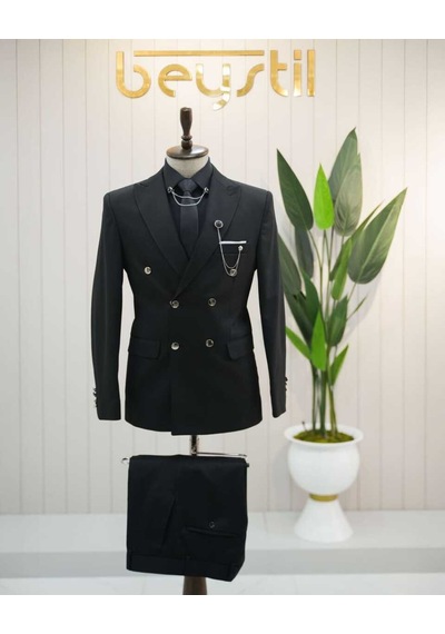 Beystil Sivri Yaka Siyah Kruvaze Takım Elbise Nikol036- Slim Fit Siyah