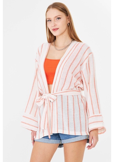 Armonika Kadın Turuncu-beyaz Kemerli Kimono Arm-25y001073
