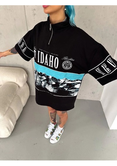 Kadın Baskılı Yarım Fermuarlı Kısa Kol T-shirt - Siyah