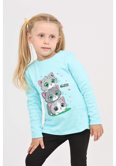Toontoy Kız Çocuk Üçlü Kedi Baskılı Sweatshirt Turkuaz