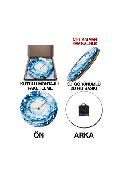 "okyanus Dalgası" 3d Görünümlü Mdf Duvar Saati 33 Cm Sdw296 Renkli
