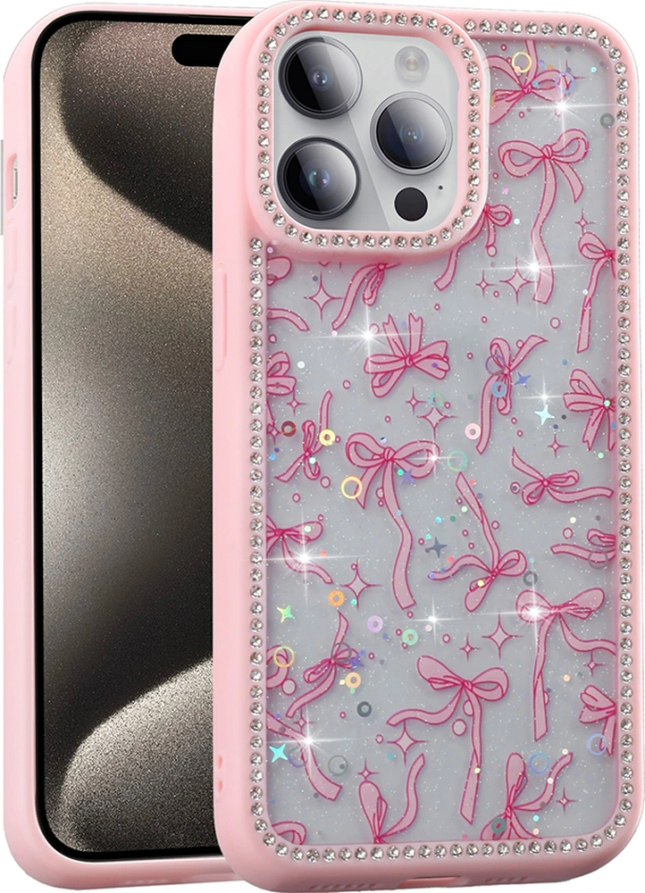Apple Uyumlu iPhone 14 Pro Kılıf Taşlı Ve Simli Tasarım Azra Kapak Pembe