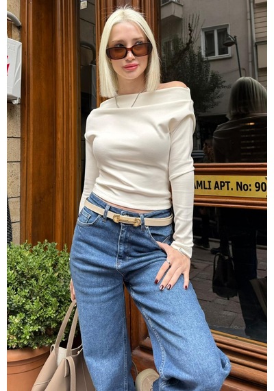 Seeh Beyaz Kadın Off Shoulder Uzun Kollu Bluz Sh327