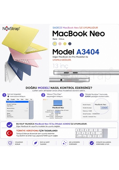 Novstrap Apple Macbook Neo 13 İnç A18 Çip A3404 İle Uyumlu Kılıf Sert Parlak Koruma Kapağı Şeffaf