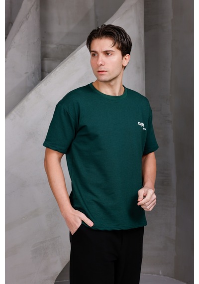 Erkek Baskılı Oversize Bisiklet Yaka 2 İki İplik Kompakt T-shirt Nefti