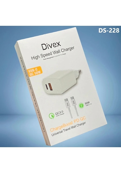 Divex Usb Type-c 50w İki Çıkışlı 60w Kablo Hızlı Şarj Adaptörü Ds-228